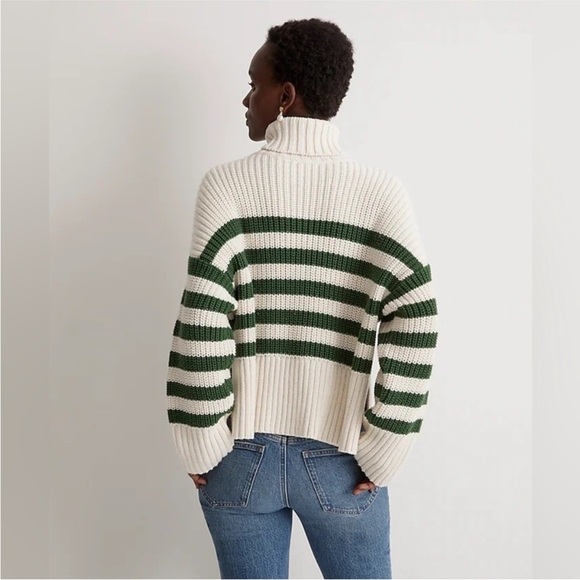 Madewell Wide Rib Stripe Turtleneck Sweater Cream/Green XL - Picture 3 of 7
